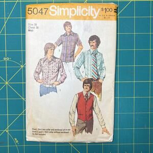 Vtg Simplicity Pattern 5047 Men's Set of Shirts Vest Long-Short Sleeves Uncut 38